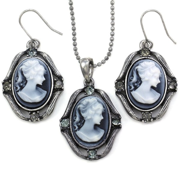 Gray Cameo Necklace Pendant Dangle Drop Earrings Fashion Jewelry Set - CP119A00ISV
