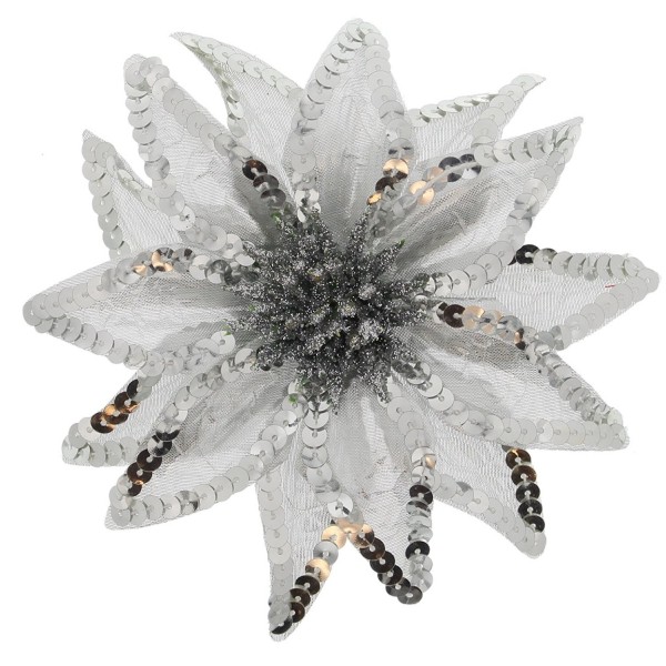 Women's Christmas Pointsettia Sequin Flower Pin- Clip- Hair Tie - Silver - CU12NGEBQ9Y