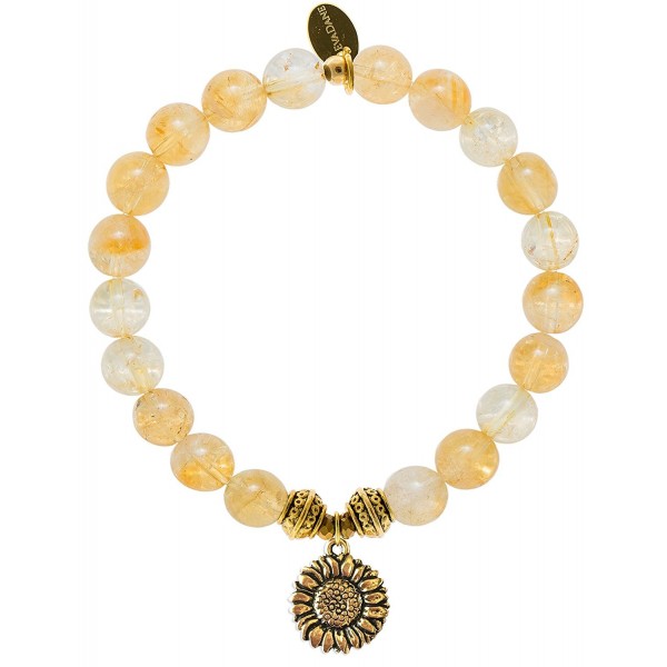 EvaDane Natural Citrine Gemstone Tibetan Bead Sunflower Charm Stretch Bracelet - CV12DR21689