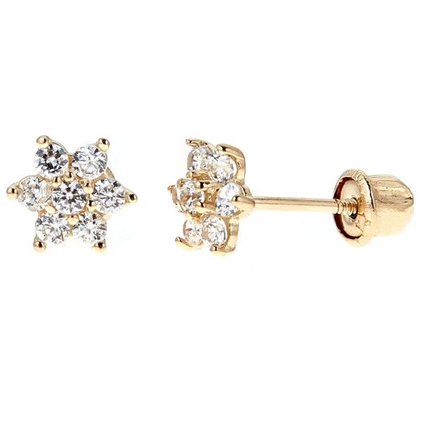 Children's 14k Yellow Gold Cubic Zirconia Baby Flower Screw Back Stud Earrings (Pink or White Flower) - White - CM12O5NTKJ8