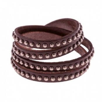 True Heart Style Genuine Leather Wrap Round Studded Cuff Bracelet - Chocolate Brown - CC11S89OZ35
