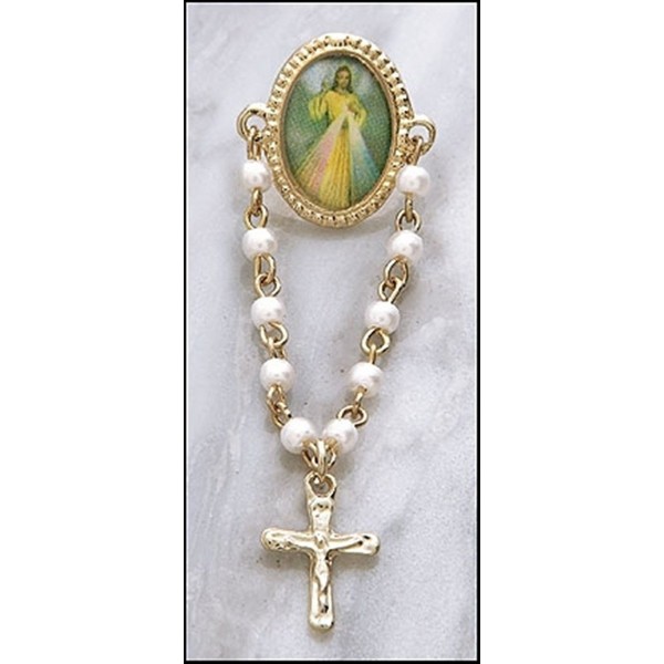Gold Tone and Epoxy Divine Mercy Icon Rosary Lapel Pin- 3 Inch - CR11BWYDSSB