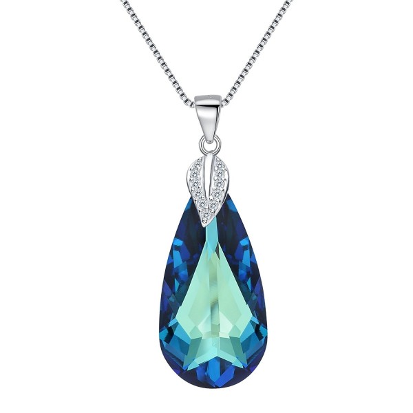 EleQueen 925 Sterling Silver CZ Teardrop Leaf Pendant Necklace Made with Swarovski Crystals - Bermuda Blue - CF12O8ONUZR