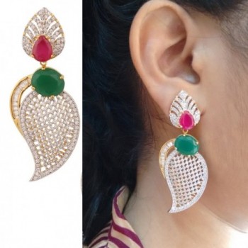 Swasti Jewels Women's American Diamond CZ Fashion Jewellery Traditional Ethnic Leaf Shaped Earrings - Red - CT12BT1XFA1