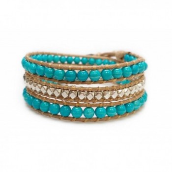 Women's Beaded Wrap Bracelet- Turquoise Beads and Silver Square Beads- Handmade 3 Wrap - CA12N60UXNP