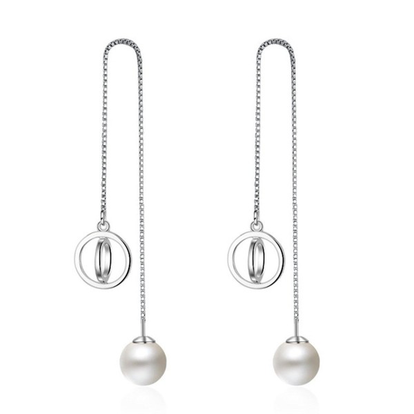 Women's Sterling Silver Long Tassel Pearl Dangle Threader Drop Earings with CZ - C9182OSLK08