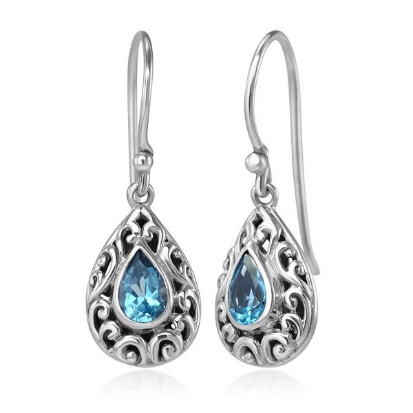 925 Sterling Silver Filigree Bali Inspired Blue Topaz Gemstone Teardrop Dangle Hook Earrings 1.1" - CW1234Z8DQR