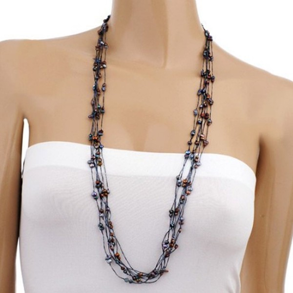 Silk Thread and Cultured Freshwater Pearl Multi Strand Long Cluster Necklace- 35-37 inches - Black - CI119BFWF2N