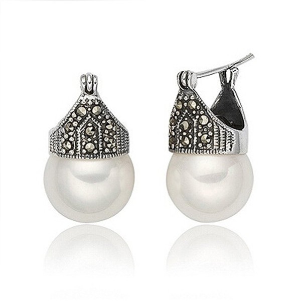 Luna Azure Vintage Style Sterling Silver Shell Pearls Marcasite Women Earrings - C012GYUG26R