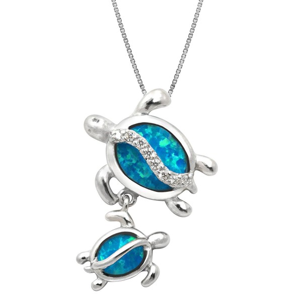 Sterling Silver Mom and Baby Turtle CZ Necklace Pendant with Simulated Blue Opal and 18" Box Chain - CB1183OQIF3