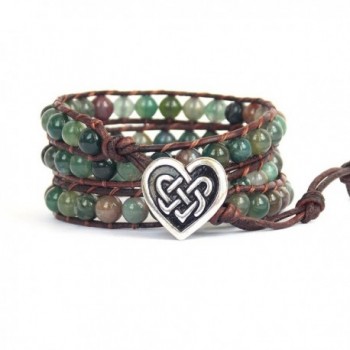 Celtic Knot Bracelet with Heart Button Leather Indian Agate Beaded Wrap - CD184UOMX43