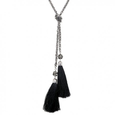 Long Knotted Chain Necklace with Double Tassel for Women - Silver ...