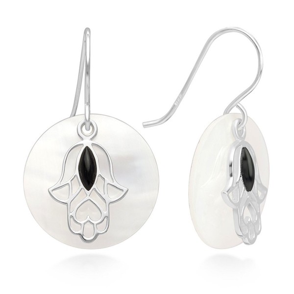 Sterling Silver Hamsa Hand of Fatima Onyx Mother of Pearl Shell Disk Round Dangle Earrings 1.15" - CQ12DL2C7ER