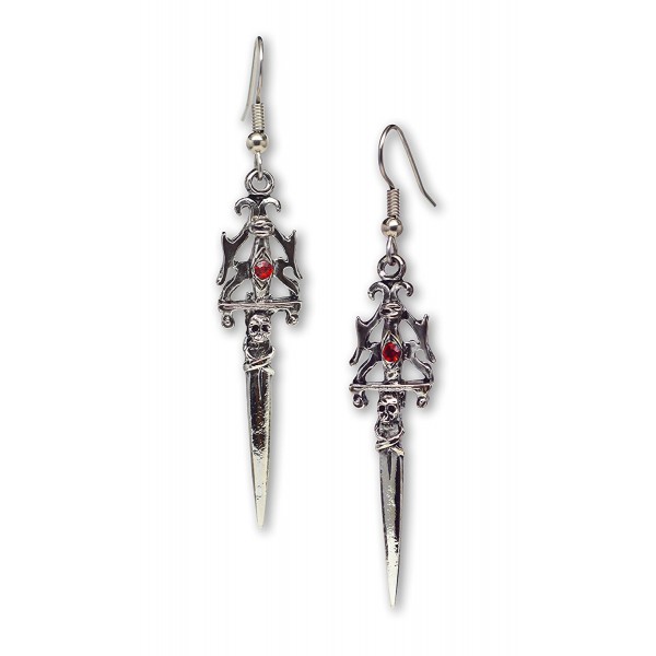 Gothic Skull Dagger Medieval Renaissance Dangle Earrings with Red Austrian Crystals - C911DXG3JHL