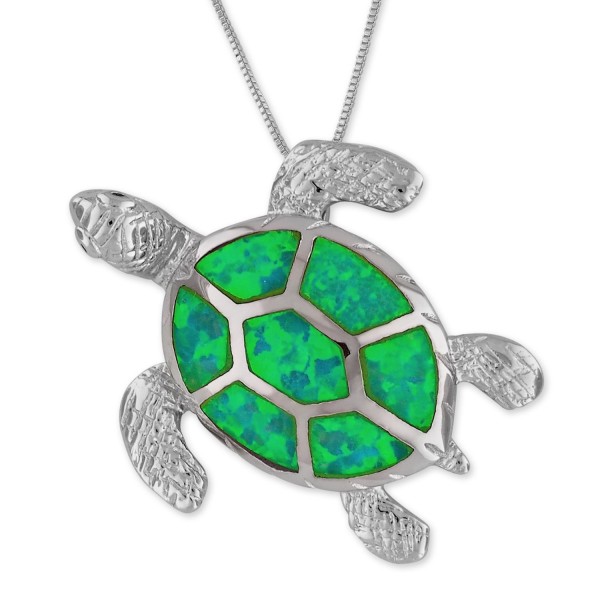 Sterling Silver Synthetic Green Opal Turtle Pendant Necklace- 16+2" Extender - CK12D95XR81
