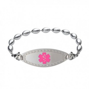 Divoti Custom Engraved Diamond Border Medical Alert Bracelet -Rice Bead Stainless -Pink - CL17YH5X74H