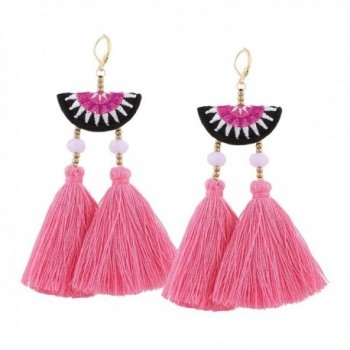 Caat Aycox Bohemian Ethnic Tassel Earrings Gold Beaded Yarn Tassel Earrings - Pink - CN185SHZNEC