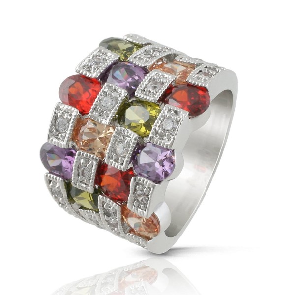 JanKuo Jewelry Rhodium Plated Multi Color Cubic Zirconia Cocktail Band Ring - CW121F7FV75