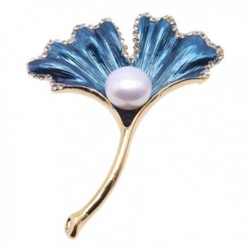 JYX Fine Brooch Gingko-style White Freshwater Pearl Brooch - Blue - C6189U4EAYS