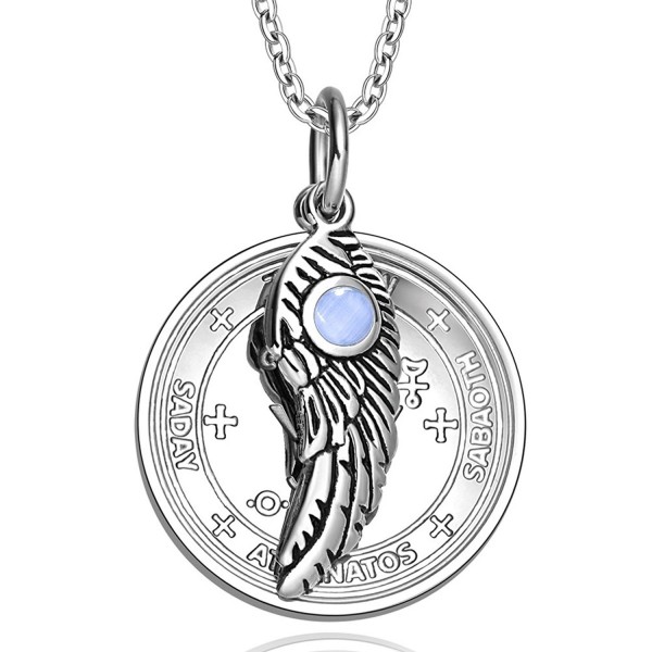 Archangel Michael Sigil Amulet Magic Powers Angel Wing Charm Sky Blue Simulated Cats Eye 18 Inch Necklace - CL11UNTKXD9