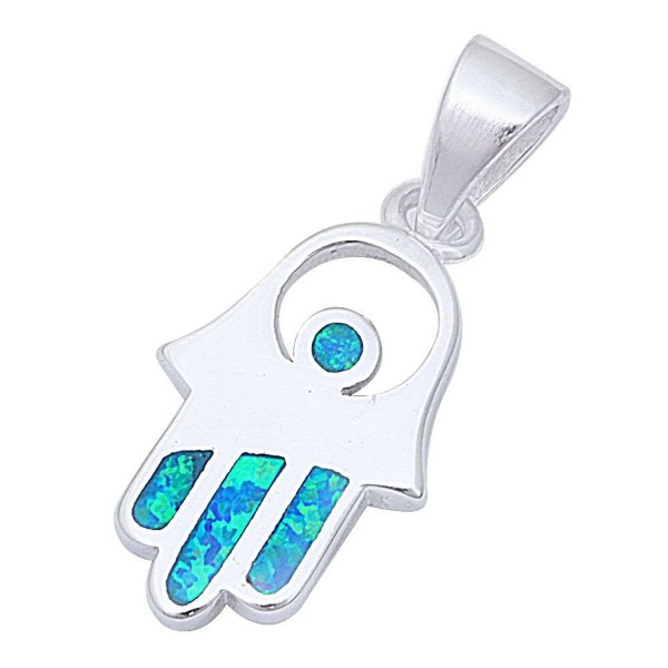 Lab Created Blue Opal Hand of God .925 Sterling Silver Pendant Necklace 1" long - Lab Created Blue Opal - C411OJBJYCN