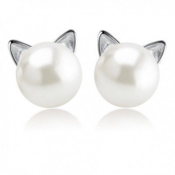 Cute Cat Ear Stud Earrings Gold Plated Sterling Silver Imitation Pearl Earrings Studs for Girls - Sterling Silver - CD187Q2WTM7