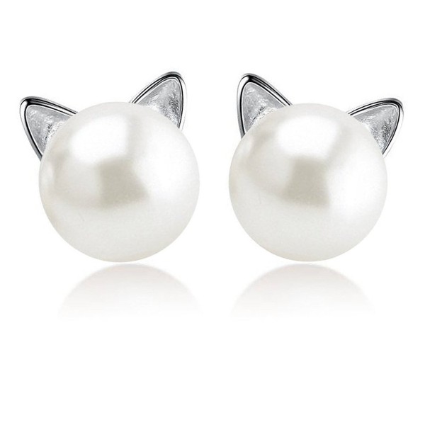 Cute Cat Ear Stud Earrings Gold Plated Sterling Silver Imitation Pearl Earrings Studs for Girls - Sterling Silver - CD187Q2WTM7