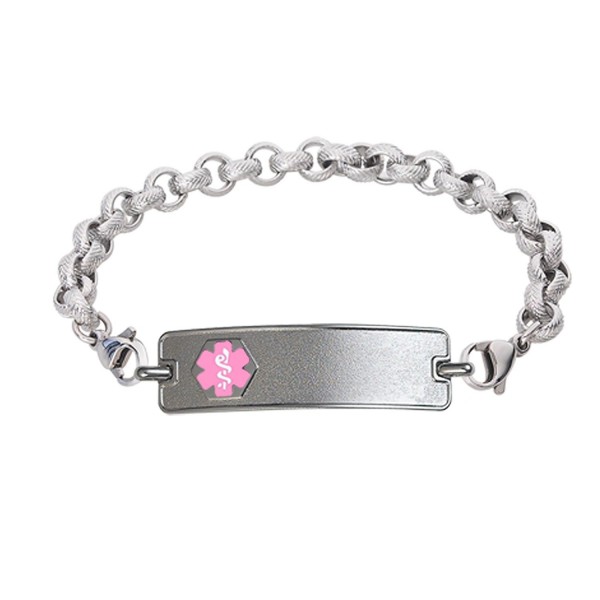 Divoti Custom Engraved Classic Medical Alert Bracelet -Textured Rolo Stainless -Pink - C5183GX68H6