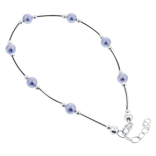 Gem Avenue Sterling Silver Swarovski Elements Round Blue Faux Pearl Ankle Bracelet 9 to 10 inch Adjustable - CW111CR80RH