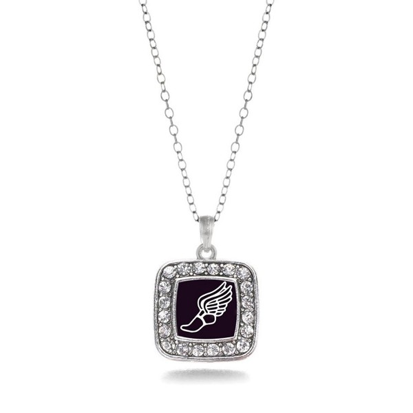 Track Runner Running Track & Field Charm Classic Silver Plated Square Crystal Necklace - C911MCHXQI9
