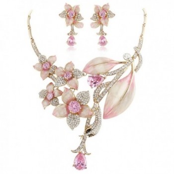 EVER FAITH Hibiscus Leaf Necklace Earrings Set Cubic Zirconia Crystal Gold-Tone - Pink - C711N7IIOSJ