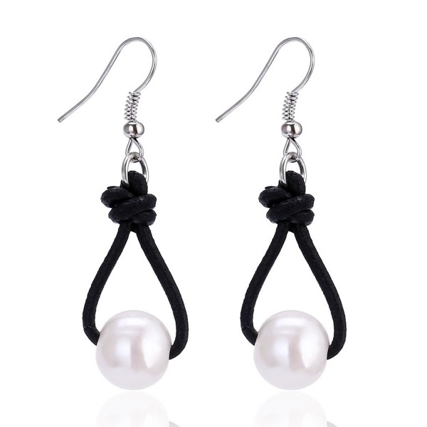 Women's Cultured Freshwater Pearl Earring Genuine Leather Drop Pendant Dangle Earrings - CR12B6FXK47