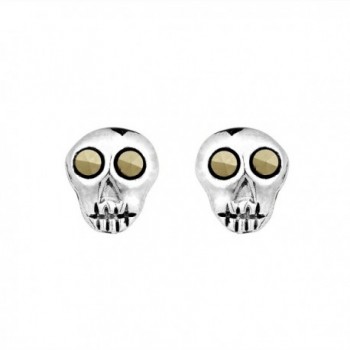 Marcasite Style Pyrite Mini Punk Skull Push Back .925 Sterling Silver Stud Earrings - CQ11QGM4WFH