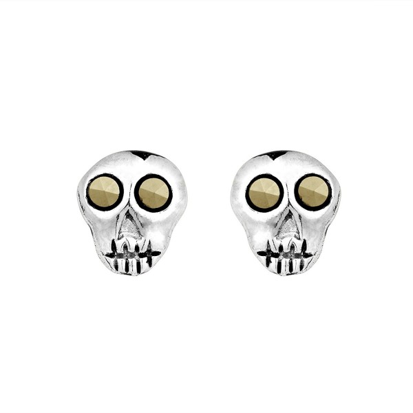 Marcasite Style Pyrite Mini Punk Skull Push Back .925 Sterling Silver Stud Earrings - CQ11QGM4WFH