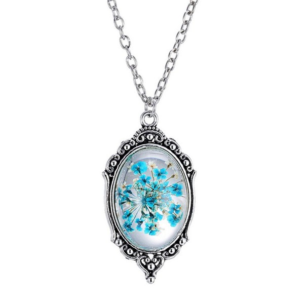 PMTIER Women's Vintage Oval Pressed Flower Pendant Epoxy Gemstone Necklace 21 Inch Chain - Blue - C812LP8ANL7