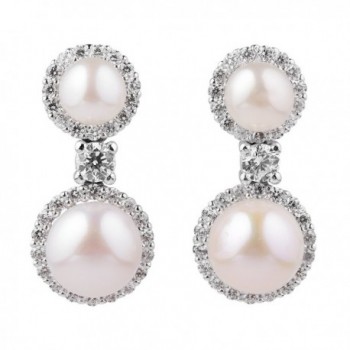 Sterling Silver Double White Cubic Zirconia Simulated Shell Pearl Drop Stud Earrings - CQ12KJO15ZH