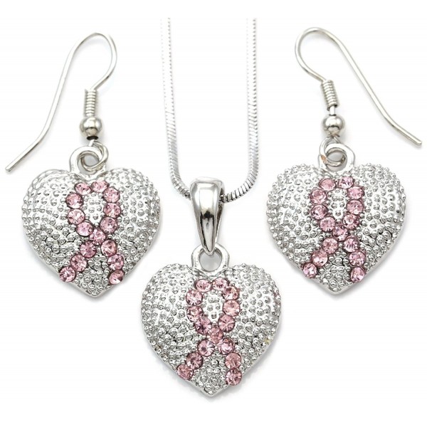 Pink Ribbon Breast Cancer Awareness Heart Pendant Necklace & Earrings Set Jewelry - CD110JFU9I1