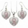 Pink Ribbon Breast Cancer Awareness Heart Pendant Necklace & Earrings Set Jewelry - CD110JFU9I1