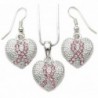 Pink Ribbon Breast Cancer Awareness Heart Pendant Necklace & Earrings Set Jewelry - CD110JFU9I1