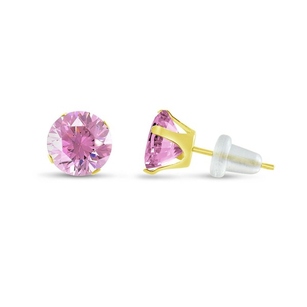 Solid 10k Yellow Gold Round 8mm Simulated CZ Birthstone Stud Earrings - Pink CZ - CX11IVBLITT