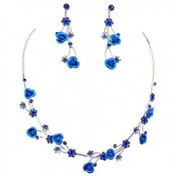 Faceted Metal Blue Rose Flower Crystal Rhinestone Necklace & Earring Set (U-Blue) - CU17XHR9UEL