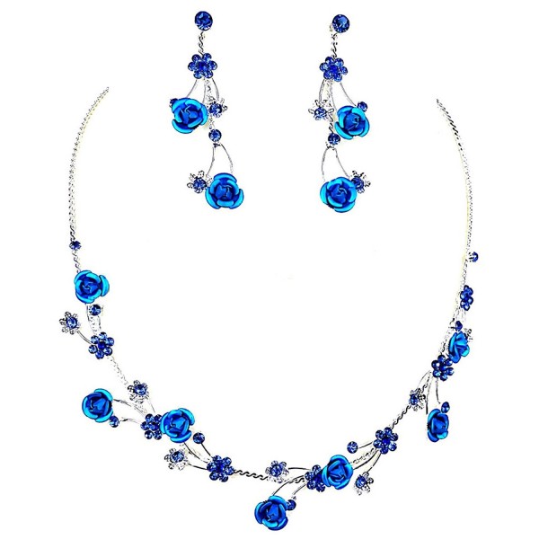 Faceted Metal Blue Rose Flower Crystal Rhinestone Necklace & Earring Set (U-Blue) - CU17XHR9UEL