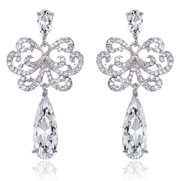 EVER FAITH Bridal Silver-Tone Lace Flower Teardrop Dangle Earrings Austrian Crystal Clear Zircon - CU11FD8F3TJ