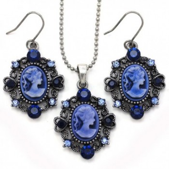 Navy Blue Cameo Necklace Pendant Dangle Drop Earrings Fashion Jewelry Set - CZ119A9QSOP