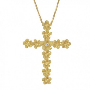 14kt Yellow Gold Plated Sterling Silver Plumeria Cross Pendant Necklace- 16+2" Extender - C512FTMJRBN