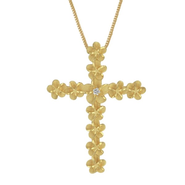 14kt Yellow Gold Plated Sterling Silver Plumeria Cross Pendant Necklace- 16+2" Extender - C512FTMJRBN