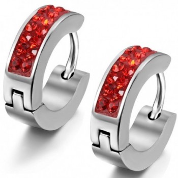 Flongo Men's Womens 4mm Wide Stainless Steel CZ Stud Hoop Huggie Earrings Charm Elegant - red - CN1253MVO29
