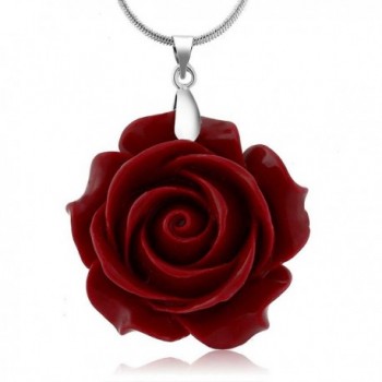 35mm Red Simulated Coral Carved Rose Flower Pendant With 16"+2" Extender Chain - C011FDKFDIX