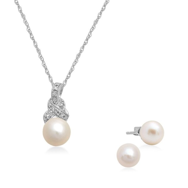 Jewelili Sterling Silver Cultured Pearl with Cr. White Sapphire Pendant Necklace And Stud Earrings Box Set - C31855D09YA