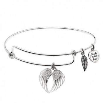 Rhodium On 925 Sterling Silver Angel Wing Heart Clear CZ Dangle Charm Adjustable Wire Bangle Bracelet - CQ1875DRZ2E